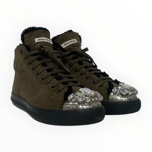 Miu Miu Olive Green Suede High-Top Sneakers with Crystal Toe Caps